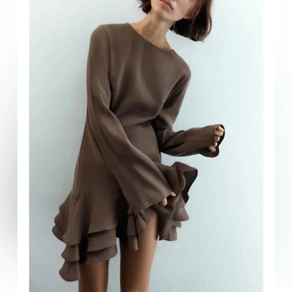 Flowy Ruffled Mini Dress, Chocolate Brown, Zara, M, NWT - Picture 2 of 10